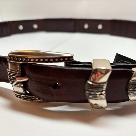 Brighton Leather Brown Belt Silver Concho and Woven Details Size 34
